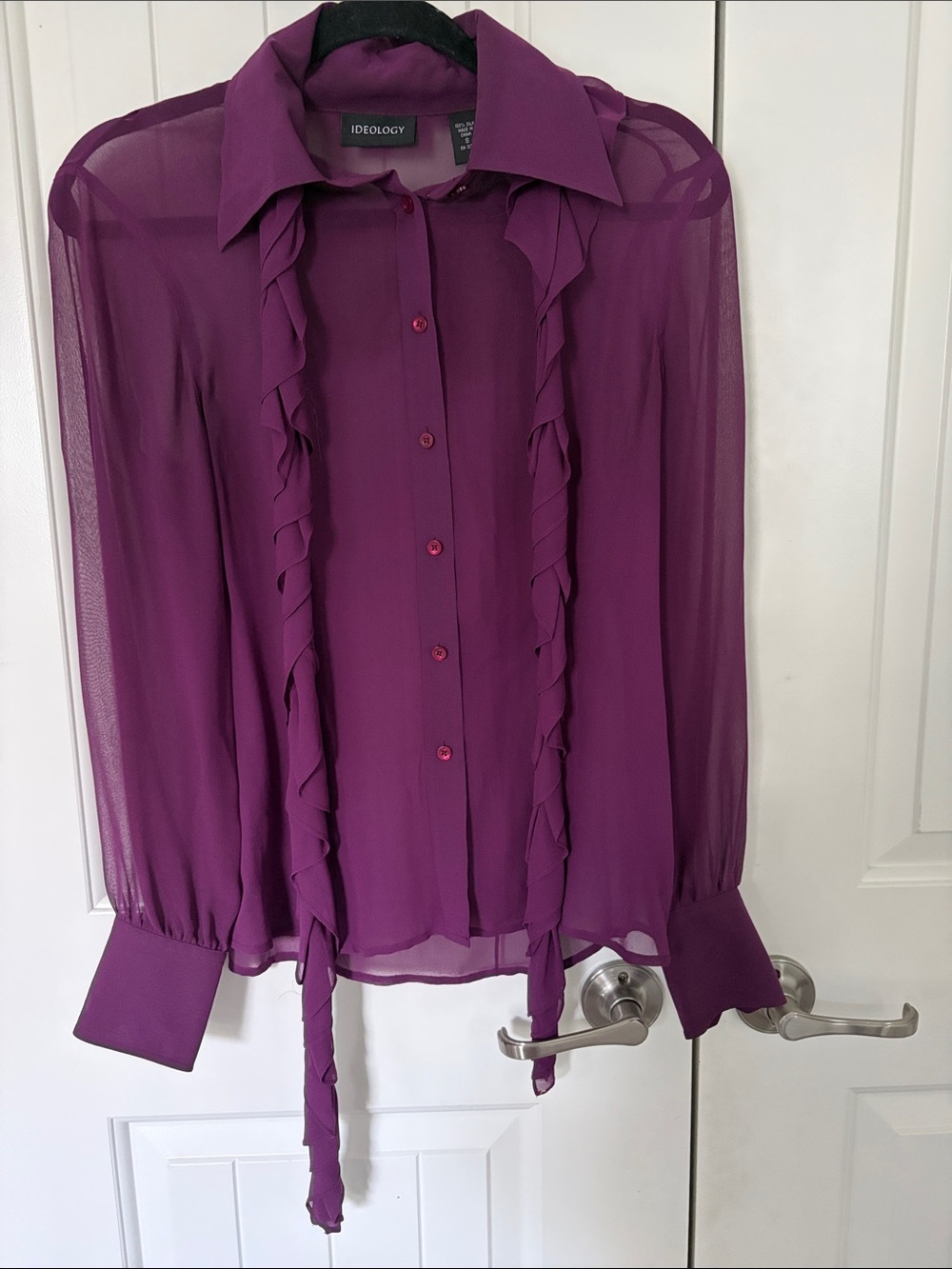 Ideology Sheer Ruffle Tie-Neck Blouse in Plum Purple